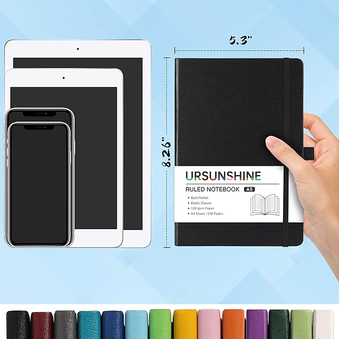 Ruled Notebook/Journal - Classic Lined Journal/Notebook, 5.3" x 8.26", Hardcover with Thick Paper, Banded + Pen Holder +Inner Pocket - Black