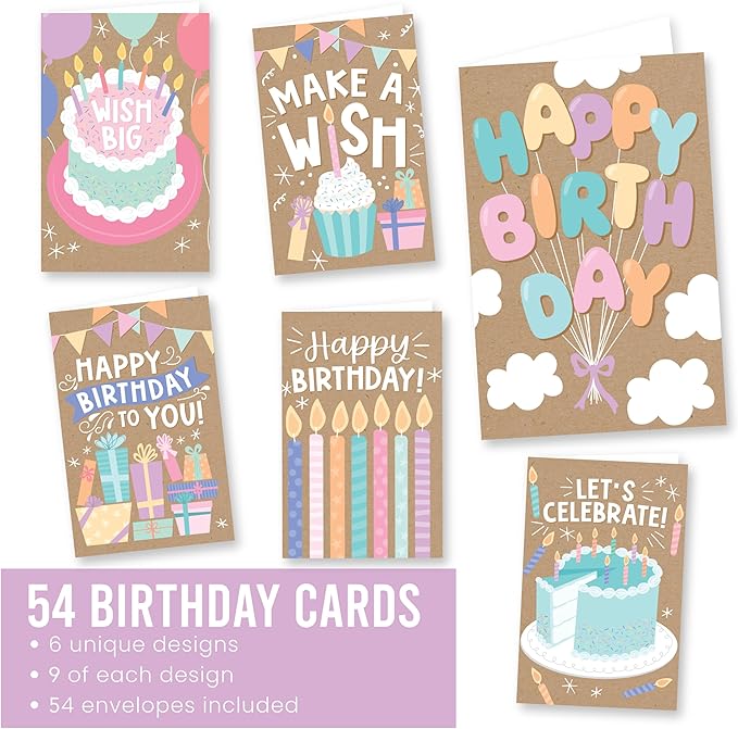 Hadley Designs 54 Happy Birthday Cards Bulk with Envelopes – Assorted Birthday Cards for Kids and Adults, Ideal for Personalization and Bulk Buyers (Doodle Kraft)