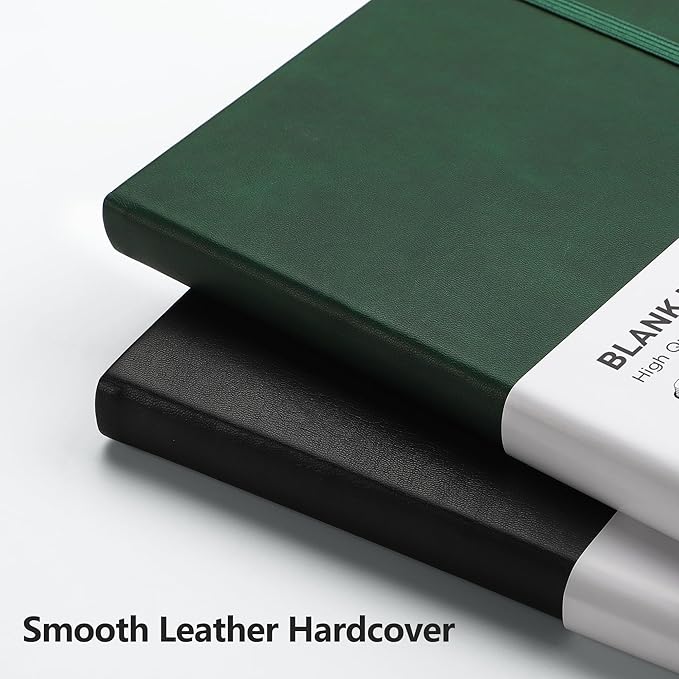 RETTACY Blank Journal Notebook, A5 Blank Journal with 192 Pages, 5.7'' × 8.3'' Medium Size, 68 LB/100 GSM Thick Paper, Leather Hardcover, for Sketching, Drawing, Painting (Dark Green)