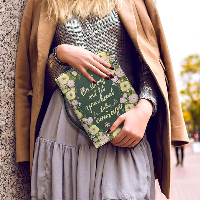 Lotusorchid Floral Bible Book Cover Case with Handle Pocket, Portable Bible Cover Case with Pen Storage, Sturdy PU Bible Tote Bag with Verse for Women Girls, Bible Accessories, Green,2XL