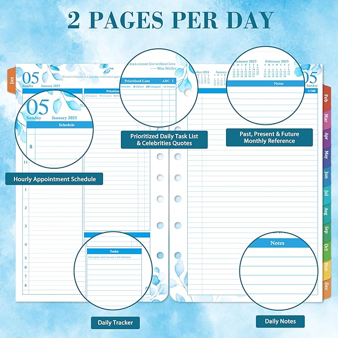 2025 Planner Refills - JAN - DEC 2025 Planner, Two Pages Per Day Daily ＆ Monthly Planner, 5.5" x 8.4", Ring-Bound Organizer, Daily Tracker & Schedule, Colorful Tabs