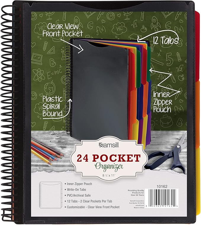 Samsill Deluxe 24 Pocket Spiral Project Organizer with Inner Zipper Pouch, Customizable Front Cover, 12 Dividers with Erasable Write-On Tabs in Assorted Colors, Plastic Folders with Pockets