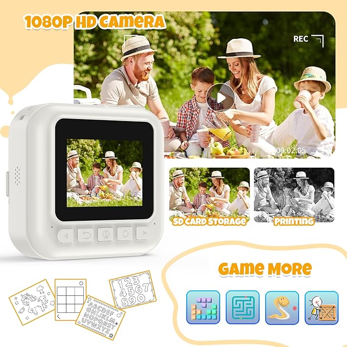Kids Instant Print Camera for Girls Age 3-8, Toddler Travel Selfie Video Camera Toys with Color Pens (White)