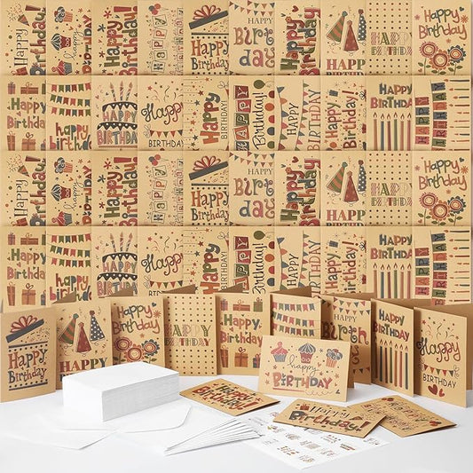 Harloon 200 Pack Happy Birthday Card Assorted Bulk with Blank Envelopes and Stickers 4 x 6 Inches Greeting Blank Happy Birthday Cards for Men Women Adults Kids, 20 Styles(Kraft Style)