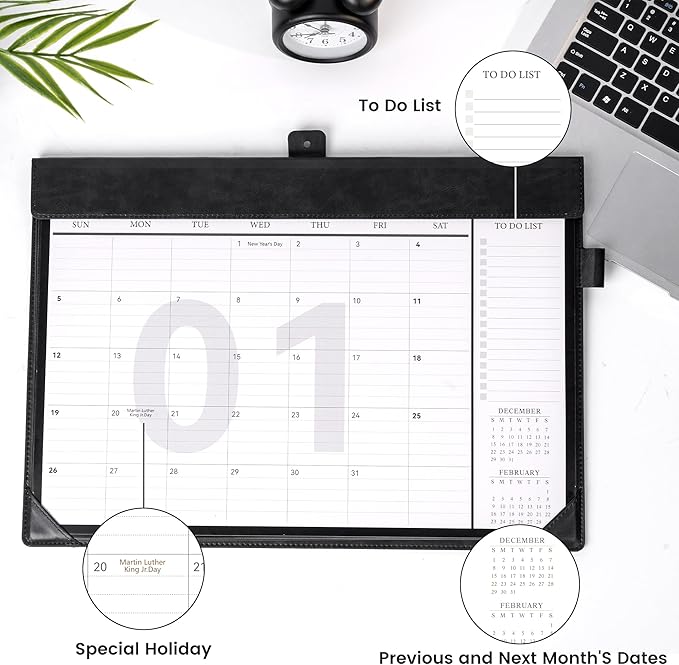 Desk Calendar 2025-2026,24 Month Wall Calendar from Jan 2025-Dec 2026, Large Desk Calendar 17" x 12" with To-Do Lists, Leather Desk Pad Calendar with PVC Cover for Home School and Office,Black