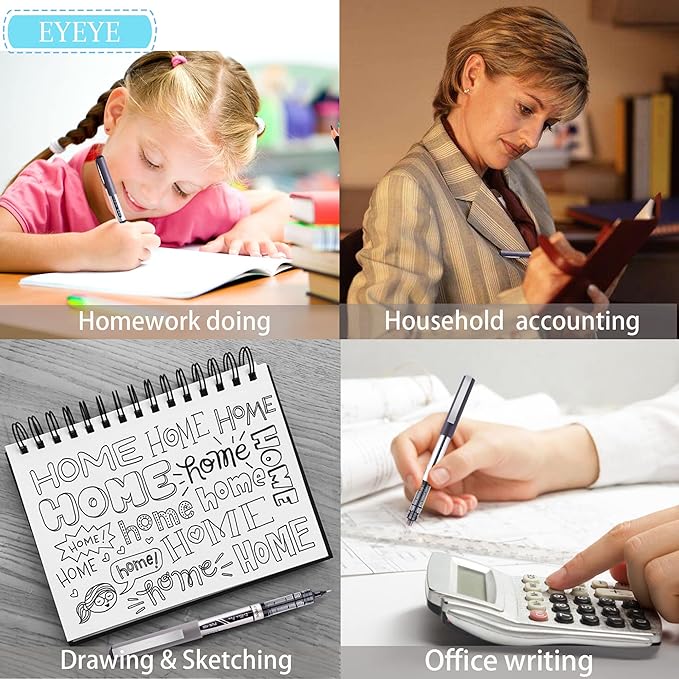 EYEYE Black Rollerball Pens 0.5mm Needle Tip, 12 Pack Extra Fine Point Roller Ball Pen Quick Dry, Liquid Ink Pens Fine Point Smooth Writing Pen for Journaling, Note Taking, Office, School Supplies