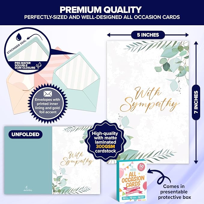 Decorably 50 Pack Gold Foiled & Glittery 5x7in All Occasion Cards Assortment Box with Envelopes & Stickers, 50 Unique Designs Cards for All Occasions with Printed Message Inside - Birthday, Thank You