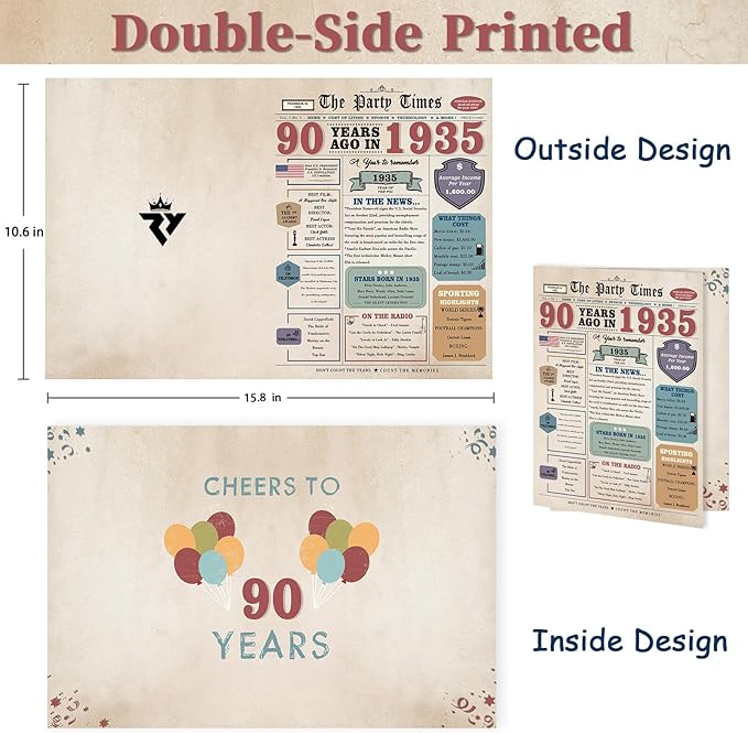 90th Birthday Card for Men Women, Retro Birthday Gifts for 90 Year Old Man Woman, 90th Birthday Decorations for Grandpa Grandma