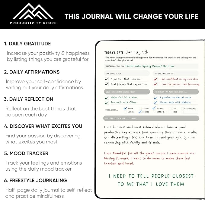 Best Daily Journal for Men & Women for Mindfulness, Productivity, Happiness & Self Care | Gratitude Journal, Affirmation Journal, Positivity Journal, Manifestation Journal, Self-Care Journal, Habit Tracker & Daily Journal with Prompts (Black)