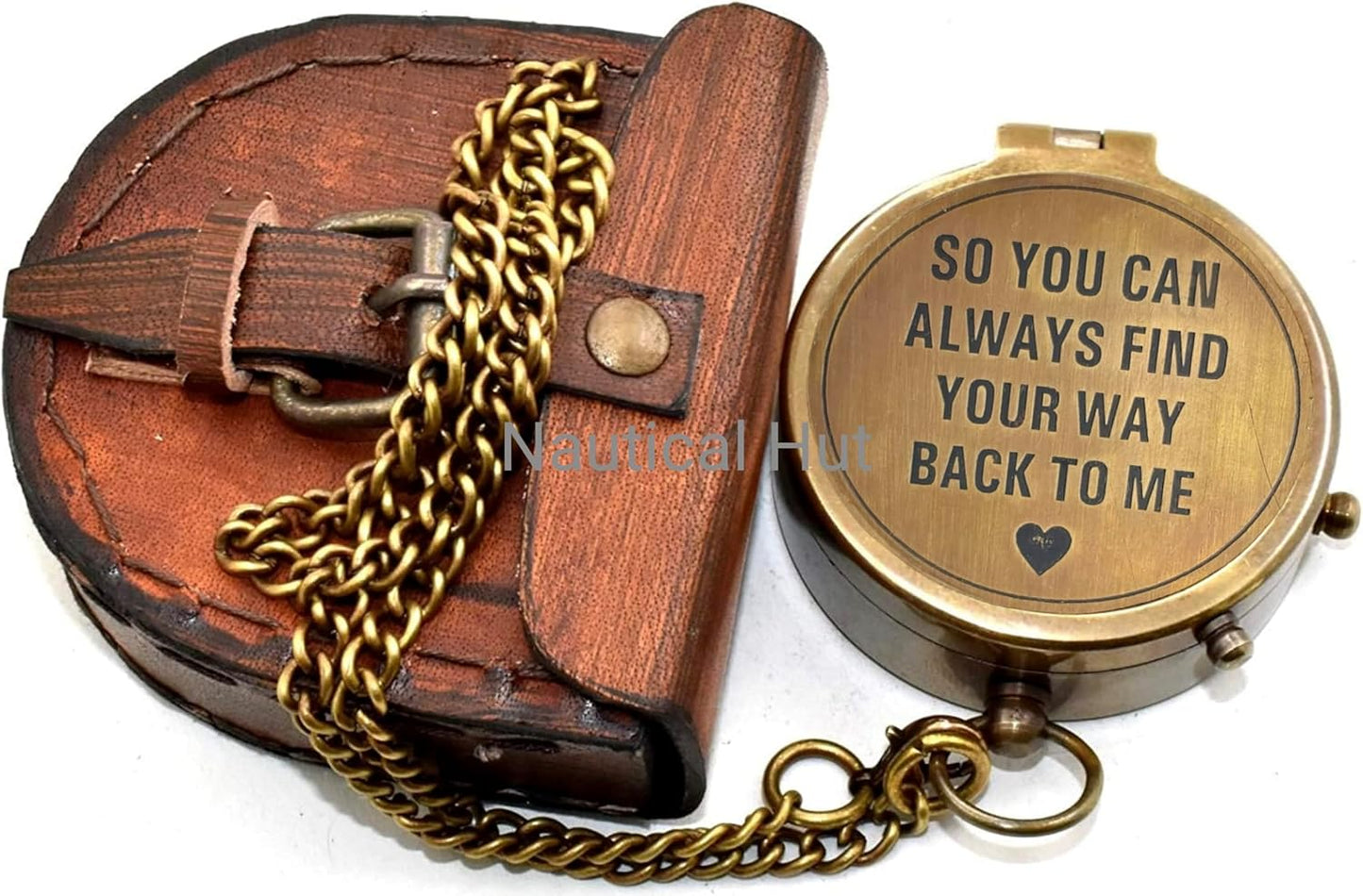 “So You Can Always Find Your Way Back Home” Engraved Brass Compass With Premium Leather Case & Chain - Brass Pocket Compass - Personalized Compass Gift For Hiking,Husband, Him, Her,Son, Graduation Day