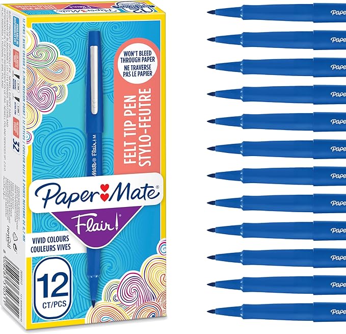 Paper Mate Flair Felt Tip Pens | Medium Point (0.7 mm) Writing Pens | Blue Pens | for Writing, Drawing & Sketching | 12 Count