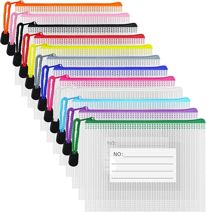 AUSTARK Plastic Mesh Zipper Pouch, 12Pcs Zipper File Bags with Label Pocket, Game Boards Storage Bags, Waterproof Document Storage Bags for Office Home Travel Cosmetic (A6 Size 6.3x4.7 in)