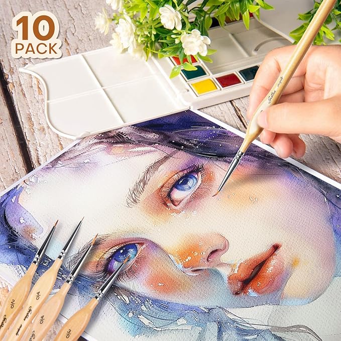 Golden Maple Miniature Paint Brushes 10pcs Detail Paint Brushes Flat Angle Filbert Fine Detail Brush Set for Acrylic, Watercolor, Dollhouse, Citadel, 40k.