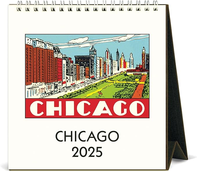 Cavallini 2025 Vintage Chicago Easel Desk Calendar, 6 x 6.5 Inches, 12 Month Page-A-Month Standing Desk Calendar, Vintage-style Chicago Illustrations, Small and Cute Desktop Flip Calendar 2025