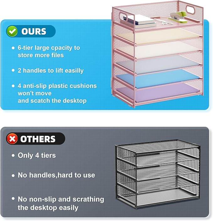 Marbrasse 6 Tier Paper Organizer Letter Tray - Mesh Desk File Organizer with Handle, Paper Sorter Organizer for Letter/A4 Office File Folder Holder - Pink
