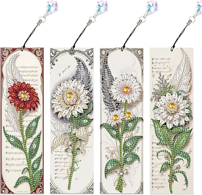4-Piece 5D Diamond Painting Floral Bookmarks Set, DIY Craft Kit with Colorful Rhinestones, Flower Design Diamond Art Craft Bookmarks with Tassels, Ideal for Adults, Great Gift for Book Lovers