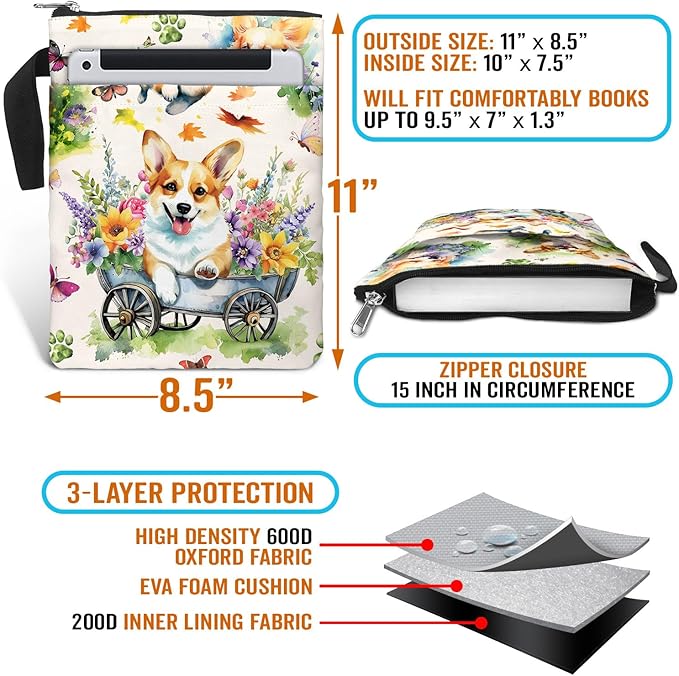 84hoods Book Cover Bag with Zipper and Front Pocket. Corgi and Book Lovers Gift. Washable Fabric 11 X 8.5 Inch Padded Protector Pouch for Paperbacks. Flower Garden