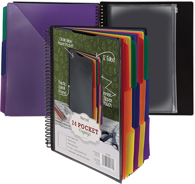 Samsill Deluxe 24 Pocket Spiral Project Organizer with Inner Zipper Pouch, Customizable Front Cover, 12 Dividers with Erasable Write-On Tabs in Assorted Colors, Plastic Folders with Pockets