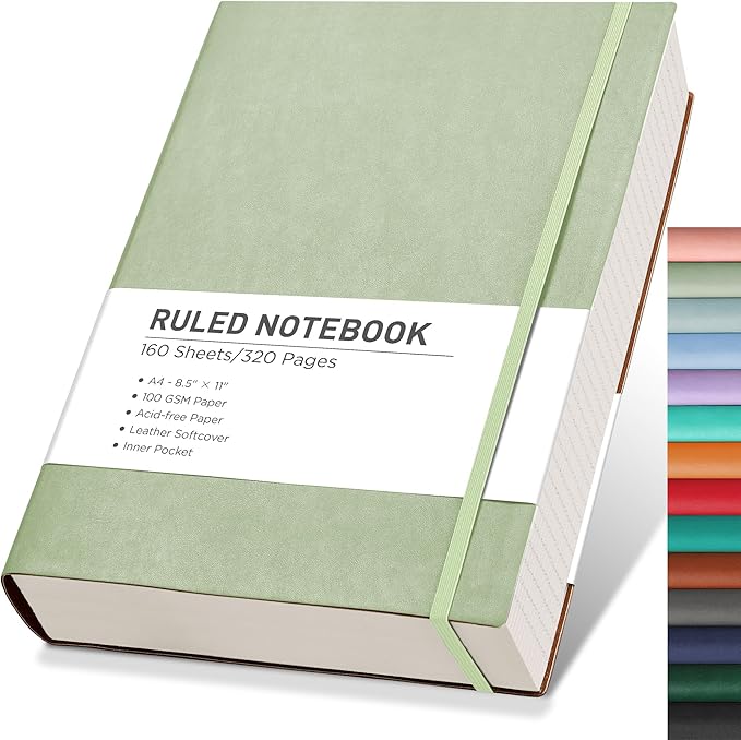 RETTACY Journaling Notebooks, A4 Lined Notebook Journal with 320 Pages, 8.5" × 11", Large Size, Notebook Journal for Work, School, Writing, Leather Softcover, 100 GSM Thick Paper (Light Green)