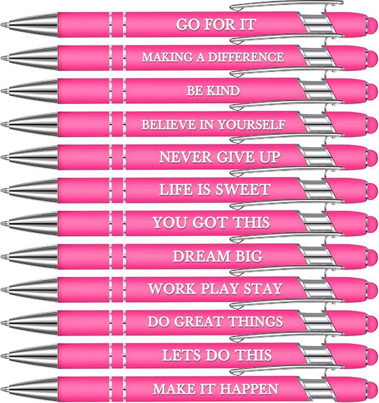 Zonon 12 Pieces Inspirational Pens Bulk Easter Basket Stuffers Motivational Quotes Ballpoint Pens with Stylus Tip Inspirational Gifts for School Office Teachers(Pink,Motivational Style)