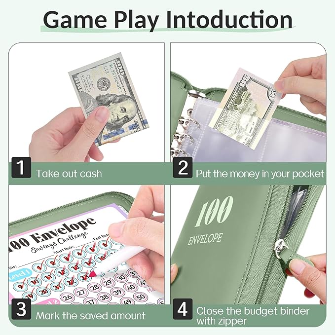 Sooez Savings Challenges Book with Extra Pocket Storage, Zipper Closure 100 Envelopes Money Saving Challenge, PU Saving Binder with Cash Envelope & Laminated Tracker for Cash Bill, 8.3”x 10.5” Black