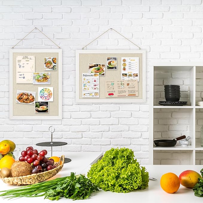 DOLLAR BOSS Bulletin Boards with Linen 2-Pack 16''X 12'' Cork Board for Walls Wood Framed Bulletin Boards, Small Pin Board for Home Kitchen Office Decorative Hanging 20 Pushpins