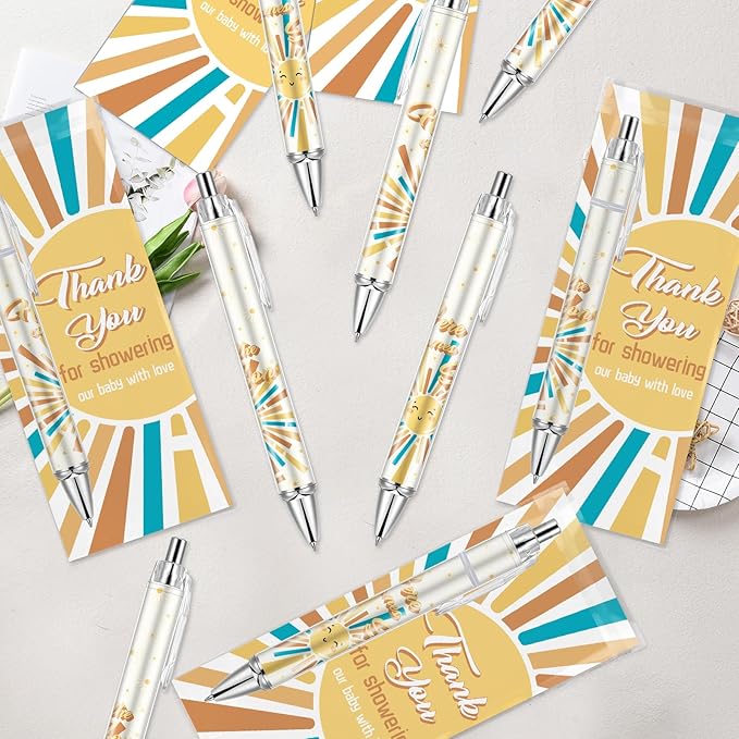50 Sets Baby Shower Favors Gifts for Guests Includes 50 Rolling Paper Ballpoint Pens and 50 Greeting Thank You Bookmarks Baby Shower Party Favors (Here Comes The Sun)