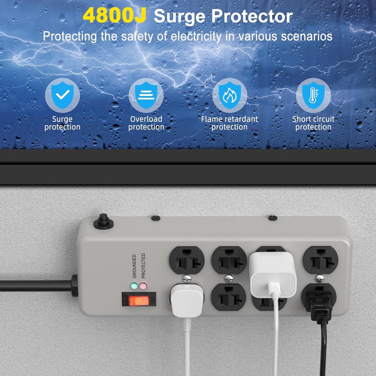 HEZI 20A Power Strip Surge Protector Durable Metal 8-Outlet with Heavy Duty 20 Amp Extension Cord,12 Gauge for Garage,Workshop & Industrial Use with 6-20R T-Slot Outlets,4800J(Grey,6FT)