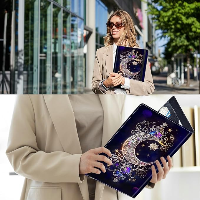 PU Leather Padfolio Clipboard Notepad with Pen Loop and Elastic Strap Interview/Resume Document Organizer for Business School Office,Moon Star Galaxy Floral