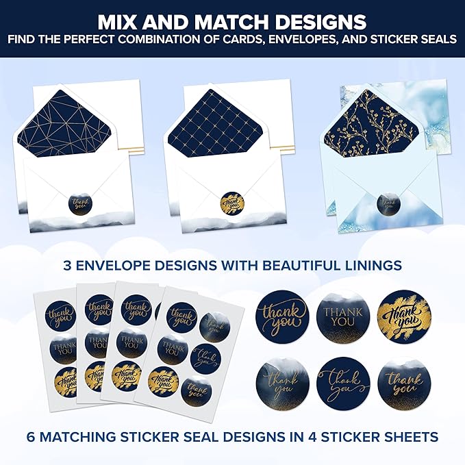 Decorably 24 Pack Glittery 6x4in Blue and Gold Thank You Cards with Envelopes and Stickers, 24 Elegant Designs Navy Blue Thank You Cards, Blank Inside - Birthday, Wedding, Anniversary
