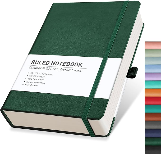 RETTACY Journaling Notebooks, A5 Lined Notebook Journal with 320 Numbered Pages, 5.7'' × 8.3'', Medium Size, Journal Notebook for Writing, Work, Leather Hardcover, 100 GSM Thick Paper (Dark Green)