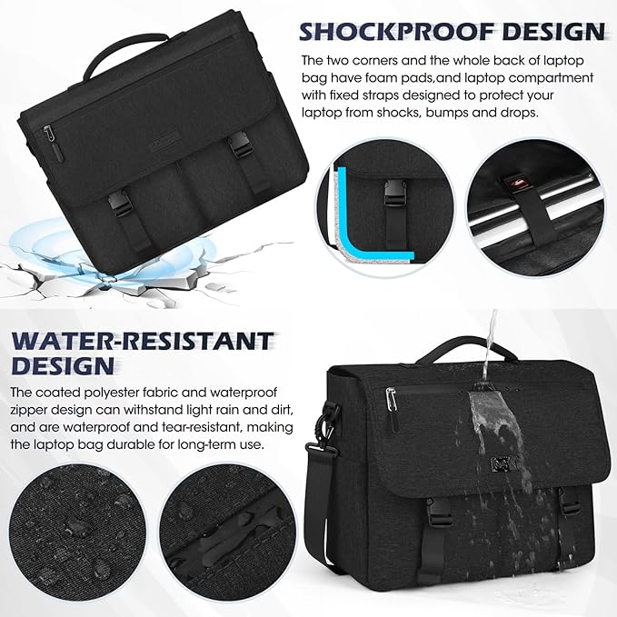 NEWHEY Messenger Bag Laptop Briefcases for Men 15.6 Inch Laptop Bag Water-resistant Computer Bag Lightweight Shoulder Handbag Satchel Bags for Work Business Travel College,Black