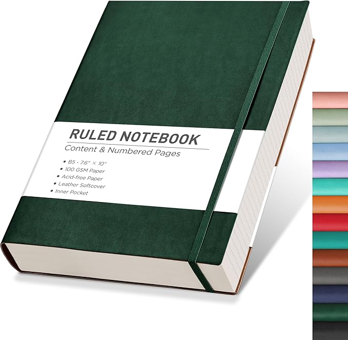 RETTACY Journaling Notebooks, B5 Lined Journal Notebook with 320 Numbered Pages, 7.6" × 10", Medium, Journal Notebook for Writing, Work, School, Leather Softcover, 100 GSM Thick Paper (Dark Green)