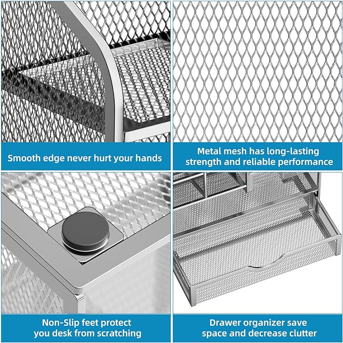 Marbrasse Mesh Pen Holder for Desk, Pen Organizer with Drawer, Multi-Functional Pencil Organizer, Desk Organizers and Accessories for Office Art Supplies (Silver)