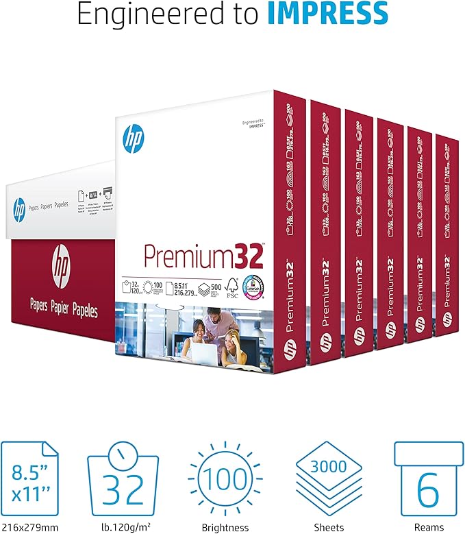 HP Printer Paper | 8.5 x 11 Paper | Premium 32 lb | 6 Pack - 3000 Sheets | 100 Bright | Made in USA - FSC Certified | 113100C