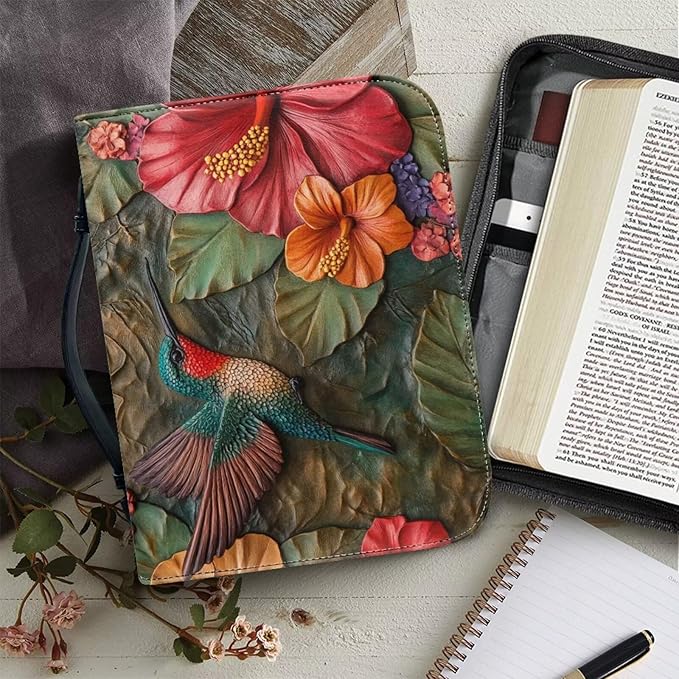 Lotusorchid Leather Bible Book Cover Case with Handle Pocket, Hummingbird Bible Cover Case with Pen Storage, Sturdy PU Bible Tote Bag, Bible Accessories, L