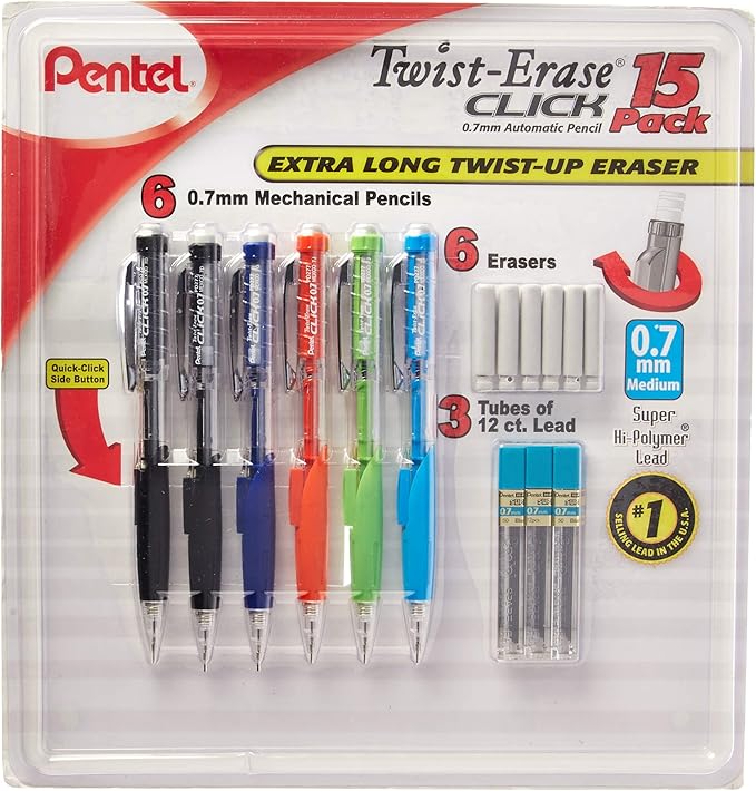 Pentel Twist-Erase Click Mechanical Pencils 0.7mm, HB #2, School Supplies, Teacher Supplies, Drawing Sketching pencils, Assorted Barrel Colors- 6 Mechanical Pencils, 6 Erasers, 3 Tubes of Lead Refills