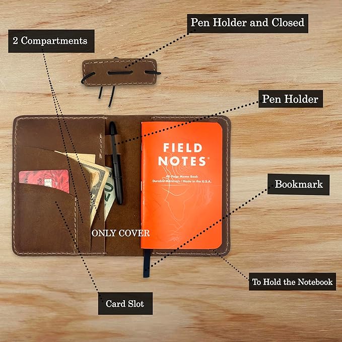 Thot Ra Leather Cover for Field Notes, Passport Cover, Leather Notebook Cover for 3.5" x 5.5" with Pen Holder, Only Cover (Vintage)