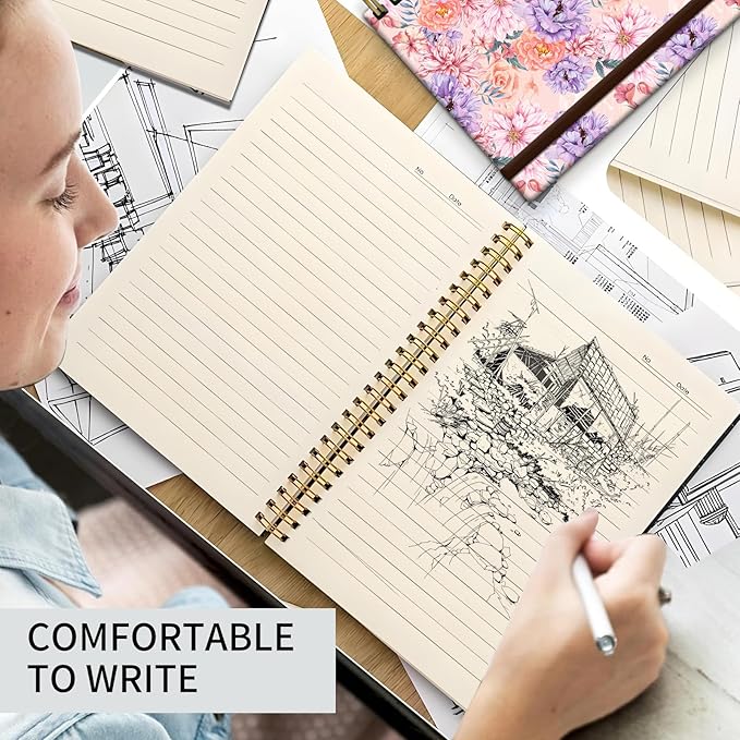 Spiral Journal Notebook, A5 Cute Notebooks for Women Men, College Ruled Hardcover Notebook for Work & Note Taking, 60 Pages Double-Wire Journals for Writing Luxury Flowers