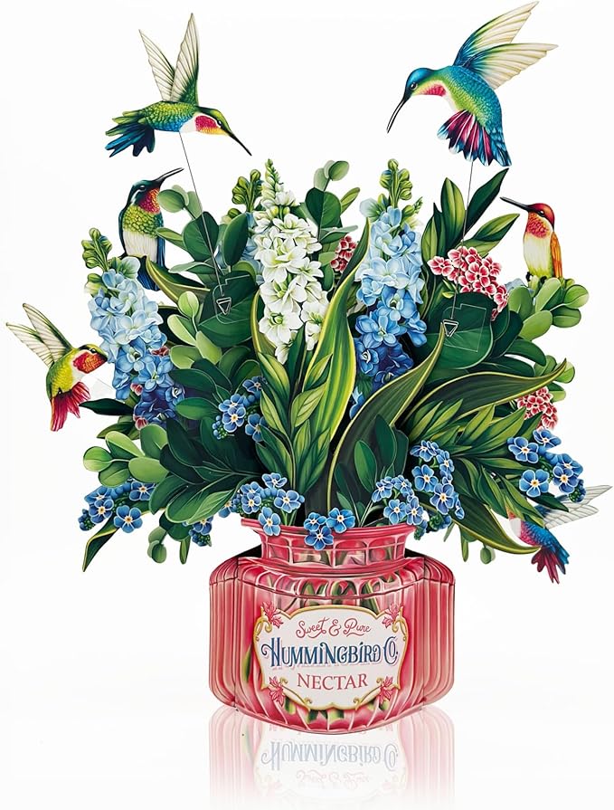 Freshcut Paper Pop Up Cards, Hummingbird Oasis, 12 Inch Life Sized Forever Flower Bouquet 3D Popup Greeting Card, Birthday Cards, Thank You Card, Blank Notecard & Envelope