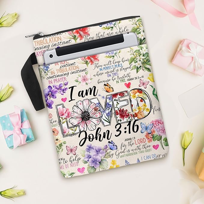 Book Cover Bag with Zipper and Front Pocket. Christian Faith Religious Gift for Book Lovers. Washable Fabric 11 X 8.5 Bible Book Sleeve Bag. Padded Protector Pouch. I am Loved.