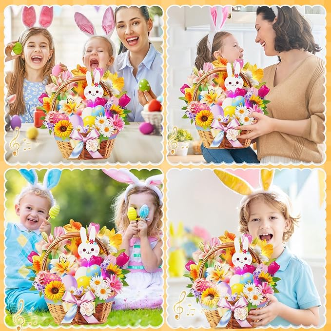3D Pop Up Easter Flower Basket Card with Music & Lights – Bunny, Eggs, Lily, Tulip, Daisy Bouquet – Envelope Included – Easter Gift & Decoration