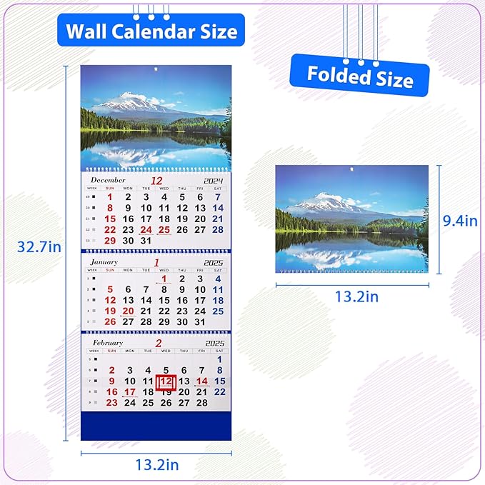 2025 Wall Calendar Large Wall Calendar 3 Month Display Vertical Calendar with Thick Paper 33" x 13" from Dec 2024 to Jan 2026 for Perfect Daily Planner (Blue-1)