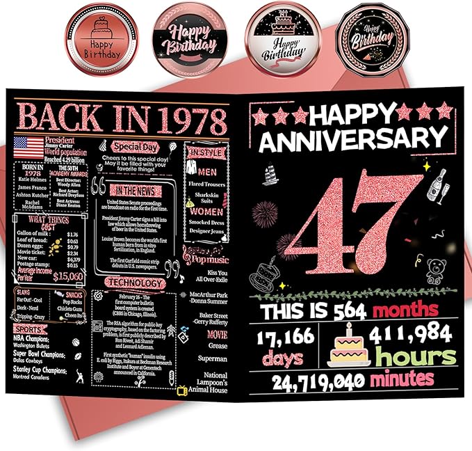 Joycard 47th Anniversary Card for Women, Wedding Card for Wife, Sweet Marriage Decorations Gifts for Couple, Perfect for Her on Anniversary Day, Back in 1978