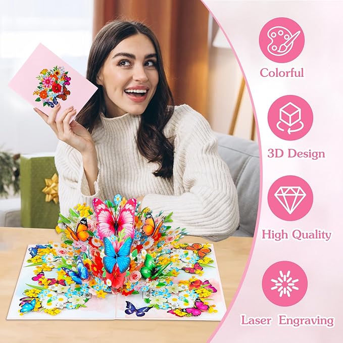 D4DREAM 3D Floral Butterfly Card for Women - Mothers Day Butterfly Pop Up Card Mothers Day Greeting Cards with Envelope Flowers Pop Up 3D Birthday Gift for Her Wife Mom Grandma