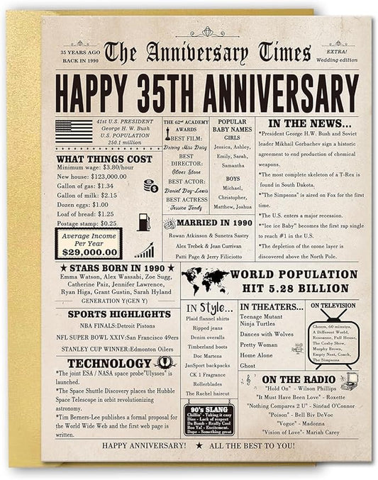 Big 35th Anniversary Card for Him Her, Retro 35 Year Anniversary Card Gift for Wife Husband Couple, Vintage Coral Wedding Gifts for Couples Parents