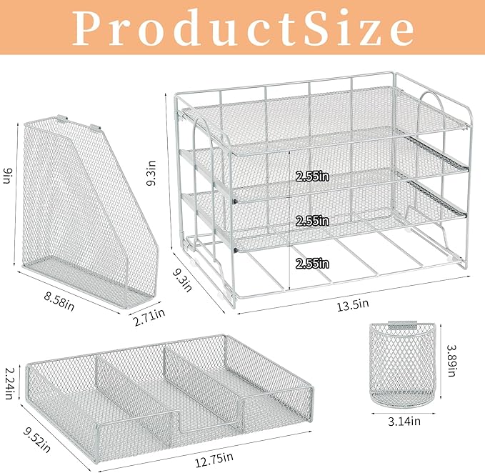 Desk Organizers and Accessories, Desk Accessories & Workspace Organizers for Office Supplies, File Organizer Desk Drawer Organizer with 2 Pen Holders, 4 Tier Paper Organizer for Desk(Grey)