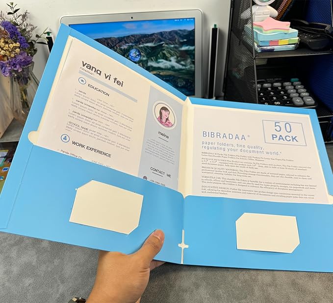 BIBRADAA® 50 Packs Blue Folders with Pockets,File Folder with Pockets Fit Letter Size Paper,File Folders Letter Size,Durable Paper Folders for School, Office, Business. (50, Light Blue)