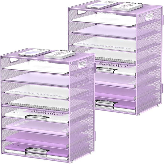 DALTACK 9-Tier Paper Letter Tray Desk Organizer with Handles, Mesh File Holder Organization, Paper Sorter Desk Organizer for Office Home School, Purple 2 Pack