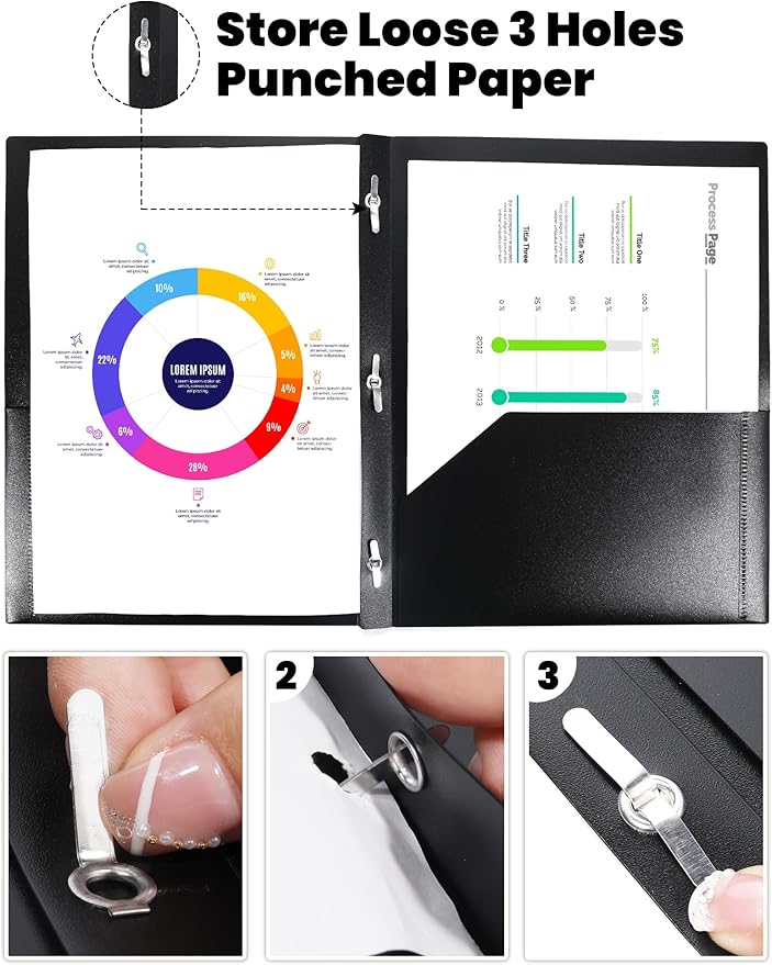 SUNEE 2 Pocket Folders with Prongs (3 Pack, Black) Plastic Folders with Pockets and Prongs Fit Letter Size, Poly Folders with Pockets for School Office Home Business